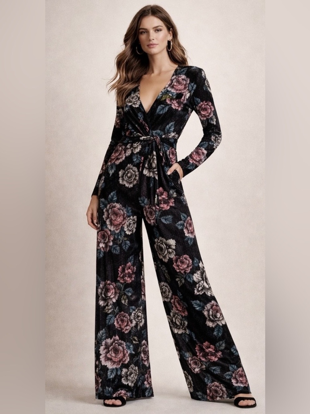 Stylestalker Floral Wide Leg Jumpsuit Tie Waist Stretchy Ribbed Long Sleeved S